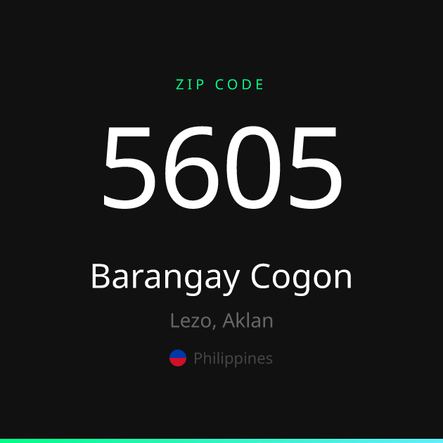 Shareable ZIP code 5605 card for Barangay Cogon, dark theme