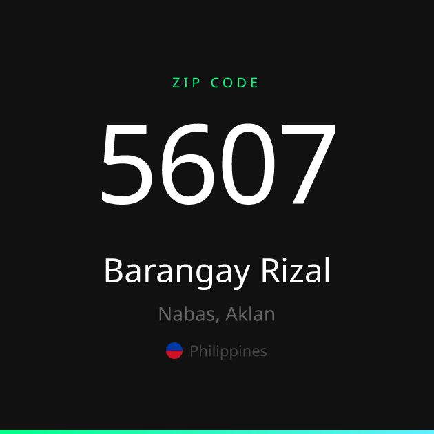 Shareable ZIP code 5607 card for Barangay Rizal, dark theme