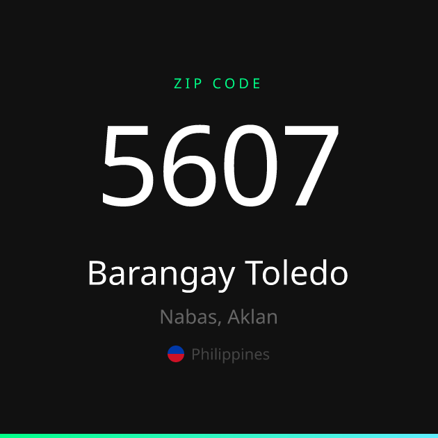 Shareable ZIP code 5607 card for Barangay Toledo, dark theme