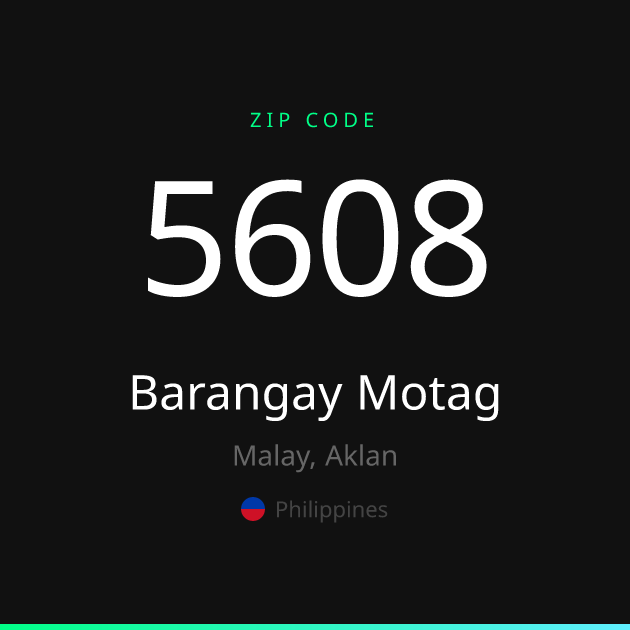 Shareable ZIP code 5608 card for Barangay Motag, dark theme