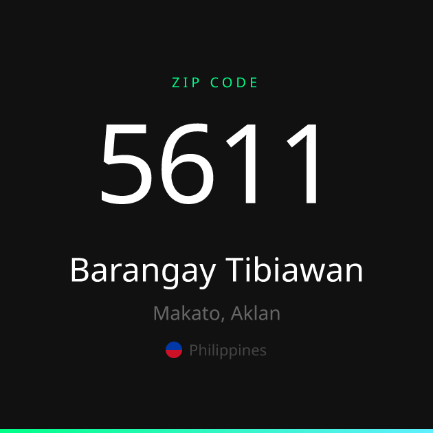 Shareable ZIP code 5611 card for Barangay Tibiawan, dark theme