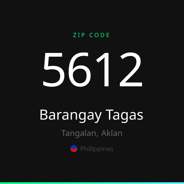 Shareable ZIP code 5612 card for Barangay Tagas, dark theme