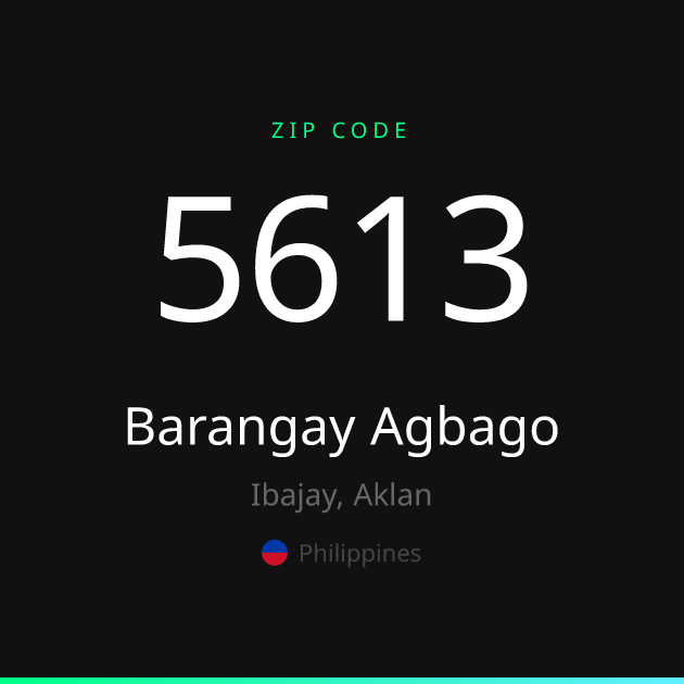 Shareable ZIP code 5613 card for Barangay Agbago, dark theme