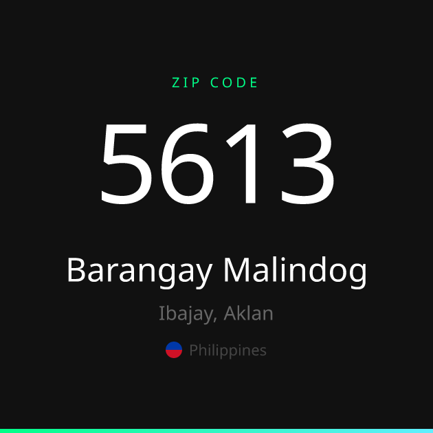 Shareable ZIP code 5613 card for Barangay Malindog, dark theme