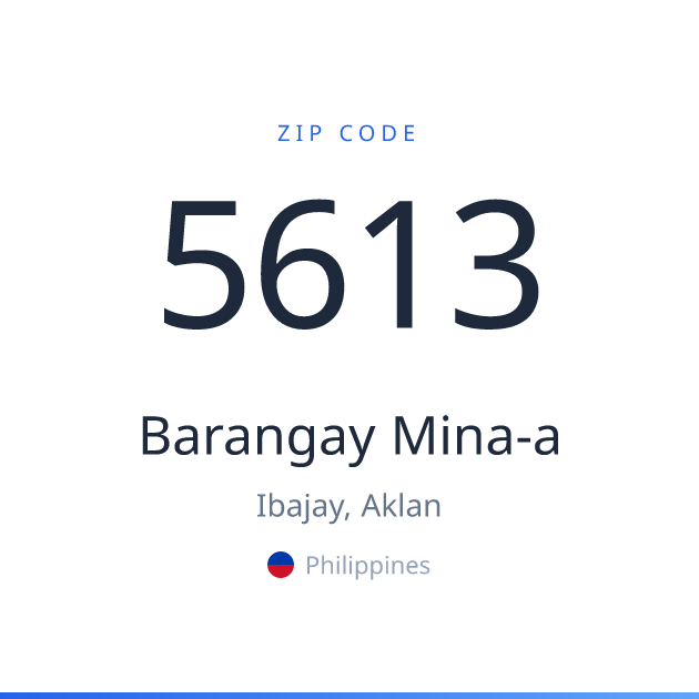 Shareable ZIP code 5613 card for Barangay Mina-a, light theme
