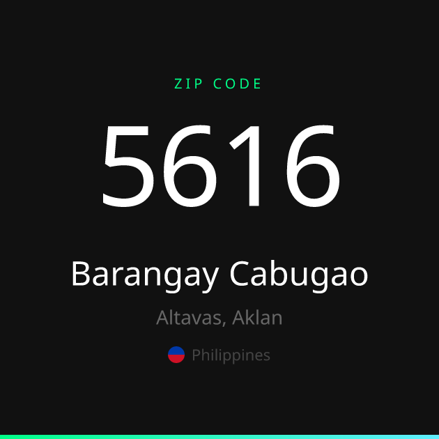 Shareable ZIP code 5616 card for Barangay Cabugao, dark theme