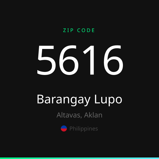 Shareable ZIP code 5616 card for Barangay Lupo, dark theme