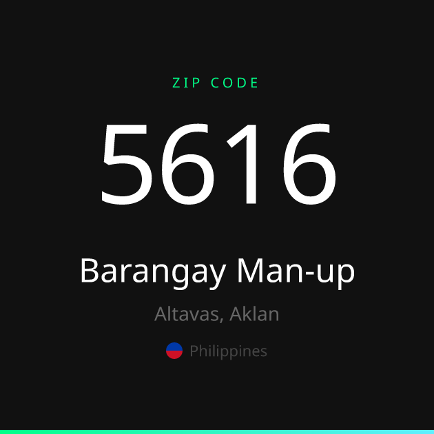 Shareable ZIP code 5616 card for Barangay Man-up, dark theme