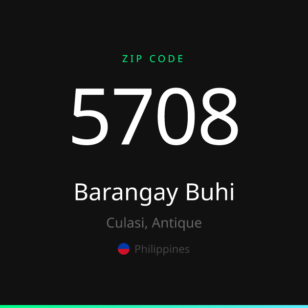 Shareable ZIP code 5708 card for Barangay Buhi, dark theme