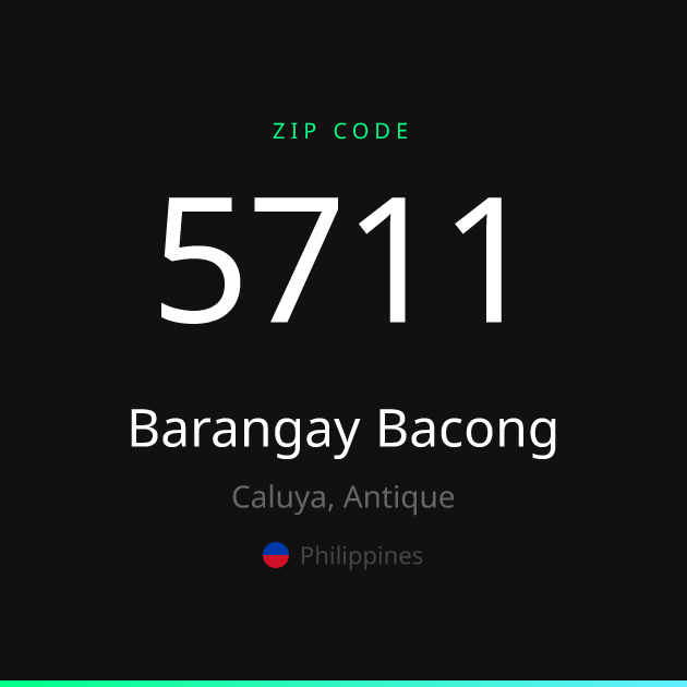 Shareable ZIP code 5711 card for Barangay Bacong, dark theme