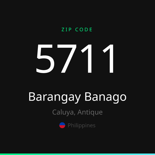 Shareable ZIP code 5711 card for Barangay Banago, dark theme