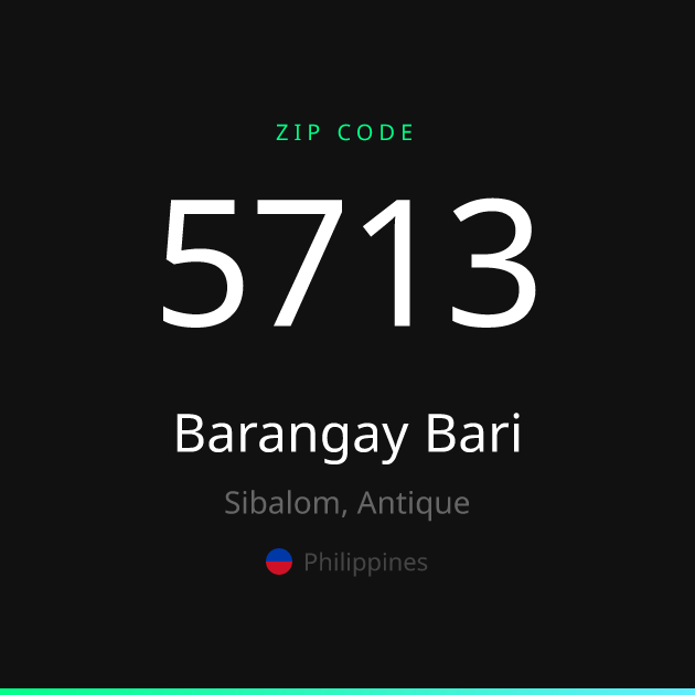 Shareable ZIP code 5713 card for Barangay Bari, dark theme