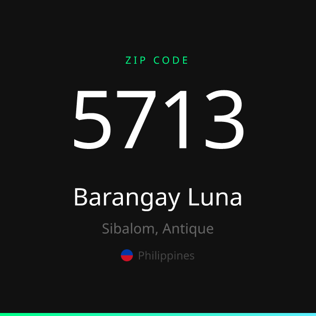 Shareable ZIP code 5713 card for Barangay Luna, dark theme