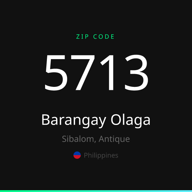 Shareable ZIP code 5713 card for Barangay Olaga, dark theme