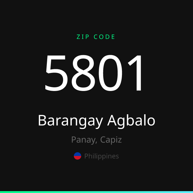 Shareable ZIP code 5801 card for Barangay Agbalo, dark theme