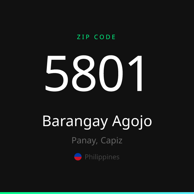 Shareable ZIP code 5801 card for Barangay Agojo, dark theme