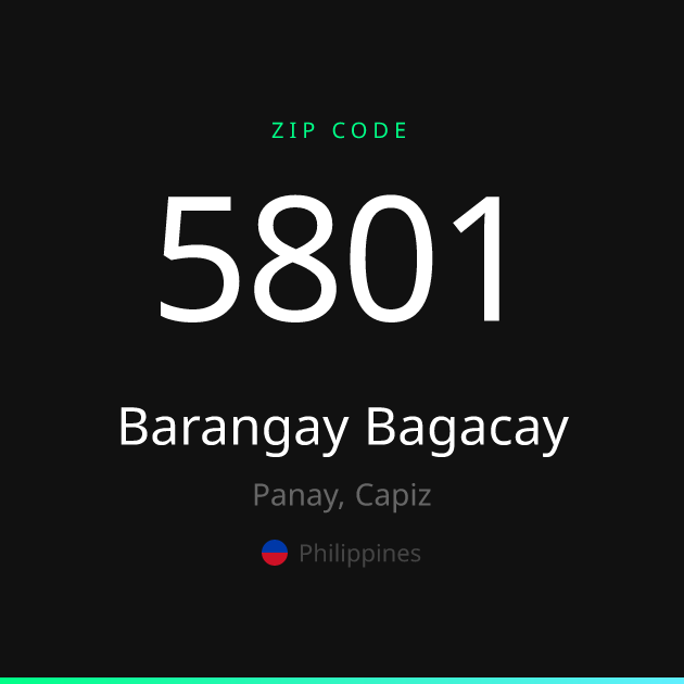 Shareable ZIP code 5801 card for Barangay Bagacay, dark theme