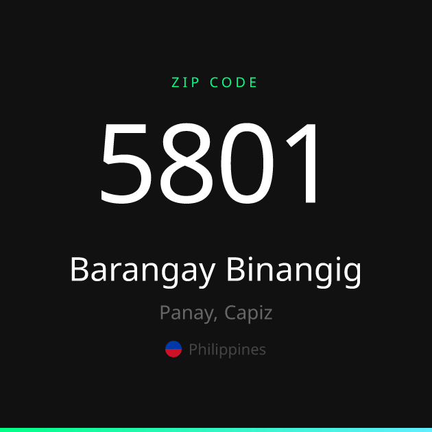 Shareable ZIP code 5801 card for Barangay Binangig, dark theme