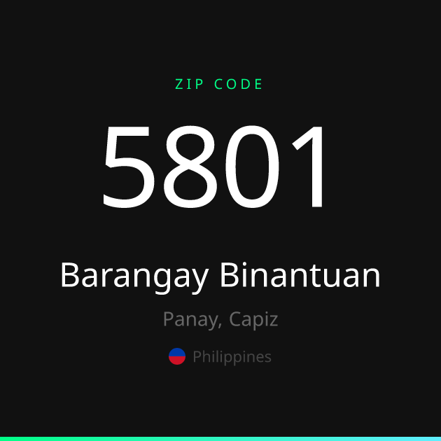 Shareable ZIP code 5801 card for Barangay Binantuan, dark theme