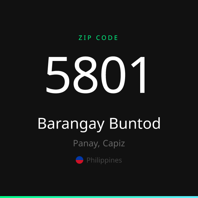 Shareable ZIP code 5801 card for Barangay Buntod, dark theme