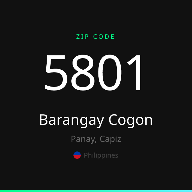 Shareable ZIP code 5801 card for Barangay Cogon, dark theme