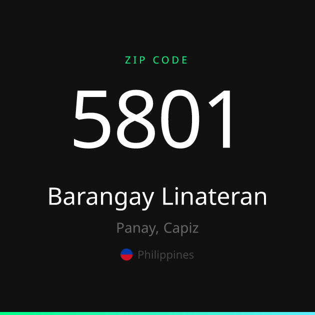 Shareable ZIP code 5801 card for Barangay Linateran, dark theme