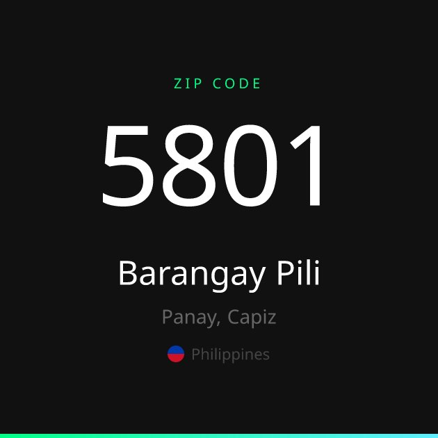 Shareable ZIP code 5801 card for Barangay Pili, dark theme