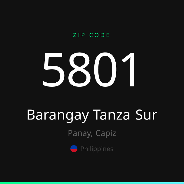 Shareable ZIP code 5801 card for Barangay Tanza Sur, dark theme