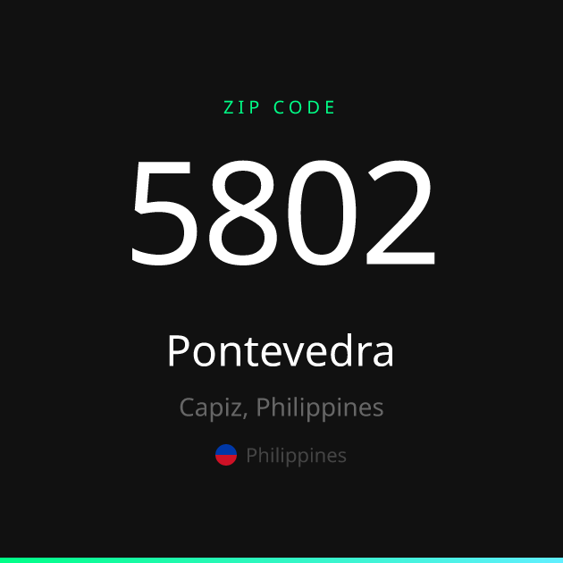 Shareable ZIP code 5802 card for Pontevedra, dark theme