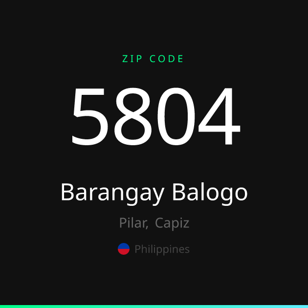 Shareable ZIP code 5804 card for Barangay Balogo, dark theme