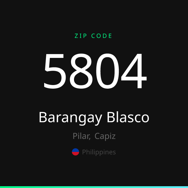 Shareable ZIP code 5804 card for Barangay Blasco, dark theme