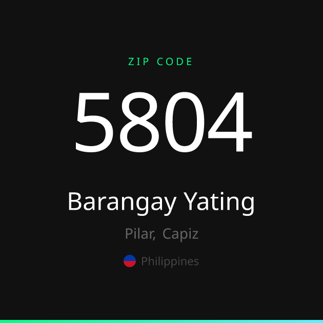 Shareable ZIP code 5804 card for Barangay Yating, dark theme