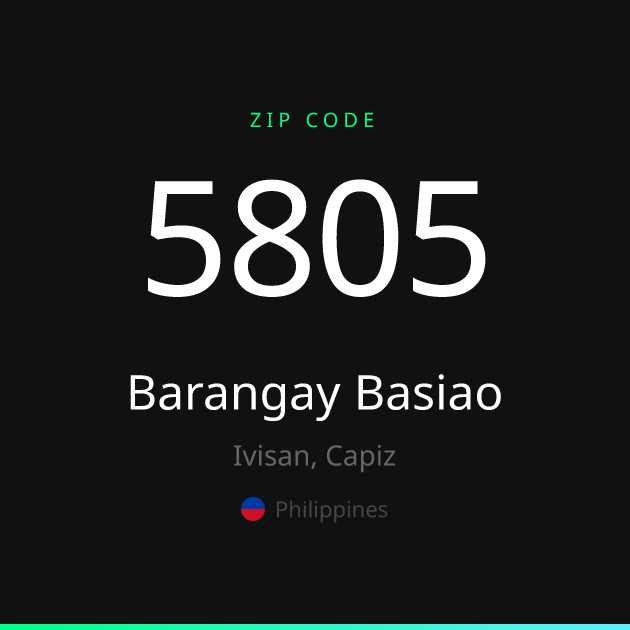 Shareable ZIP code 5805 card for Barangay Basiao, dark theme