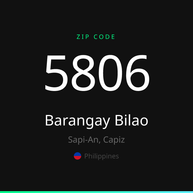 Shareable ZIP code 5806 card for Barangay Bilao, dark theme