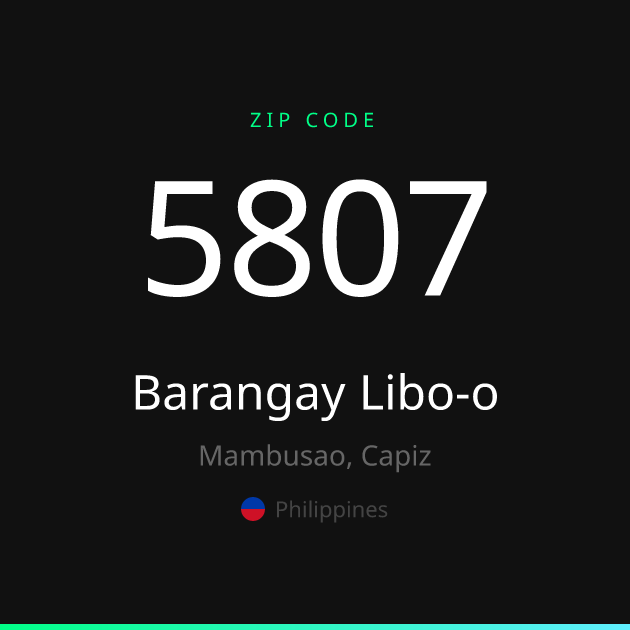 Shareable ZIP code 5807 card for Barangay Libo-o, dark theme