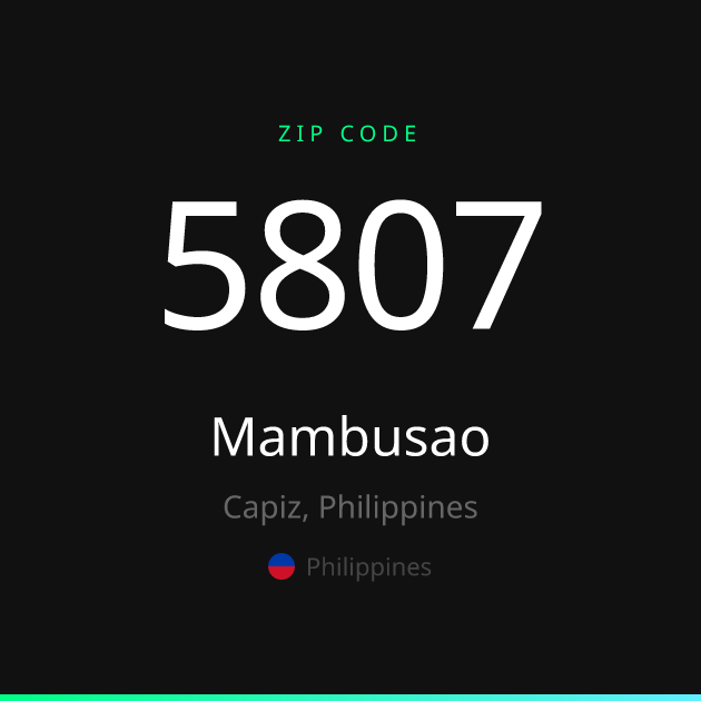 Shareable ZIP code 5807 card for Mambusao, dark theme