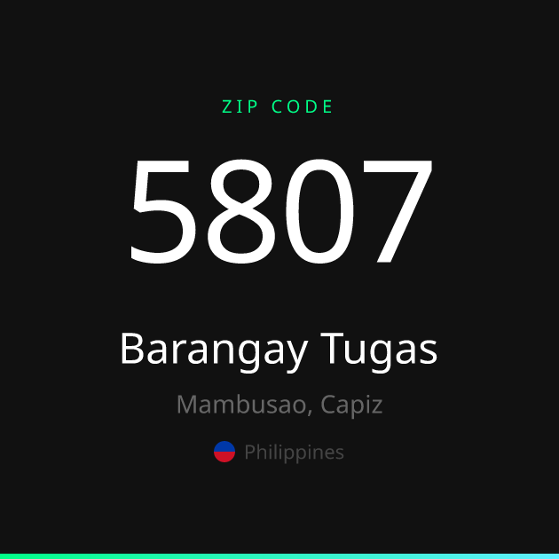 Shareable ZIP code 5807 card for Barangay Tugas, dark theme
