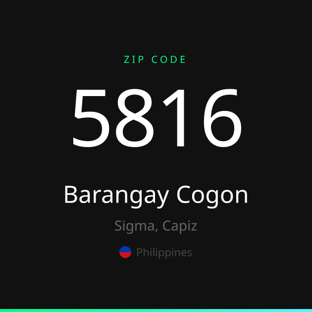 Shareable ZIP code 5816 card for Barangay Cogon, dark theme