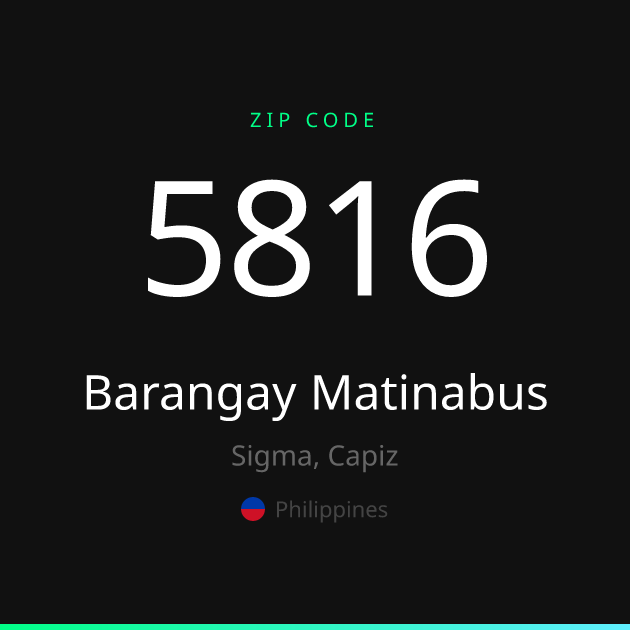 Shareable ZIP code 5816 card for Barangay Matinabus, dark theme