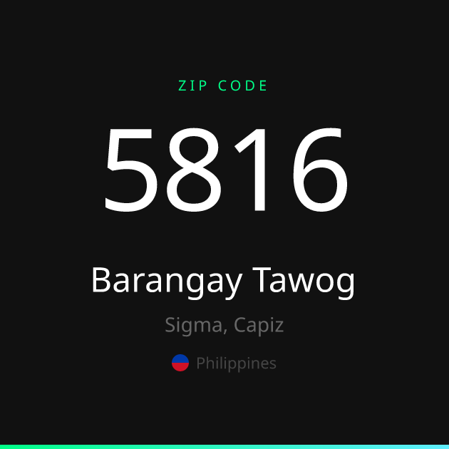 Shareable ZIP code 5816 card for Barangay Tawog, dark theme
