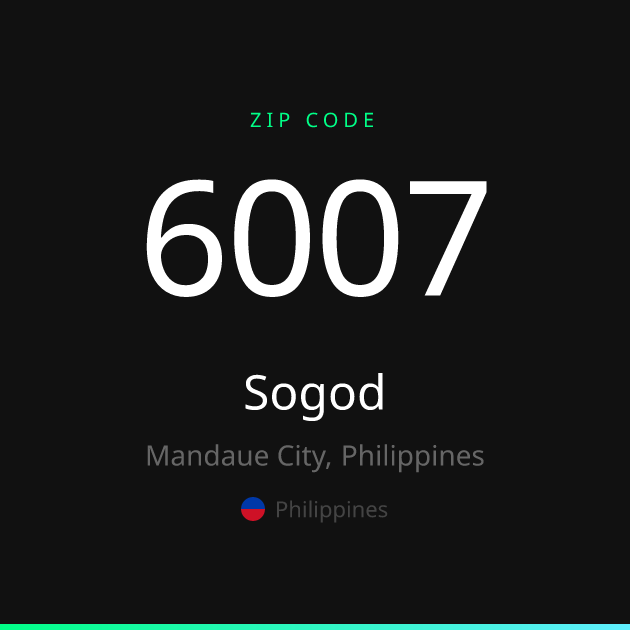 Shareable ZIP code 6007 card for Sogod, dark theme