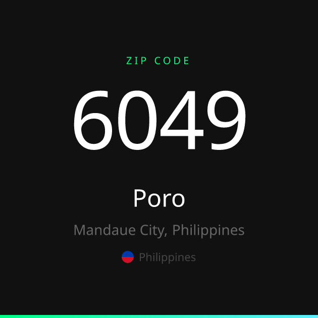 Shareable ZIP code 6049 card for Poro, dark theme