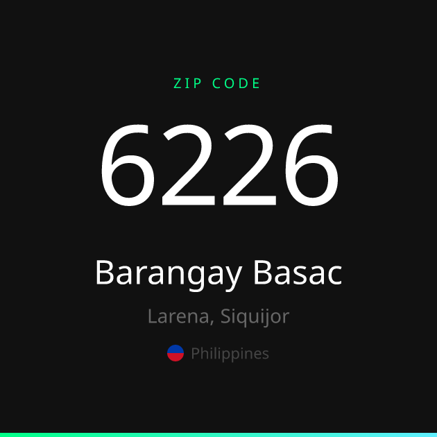 Shareable ZIP code 6226 card for Barangay Basac, dark theme