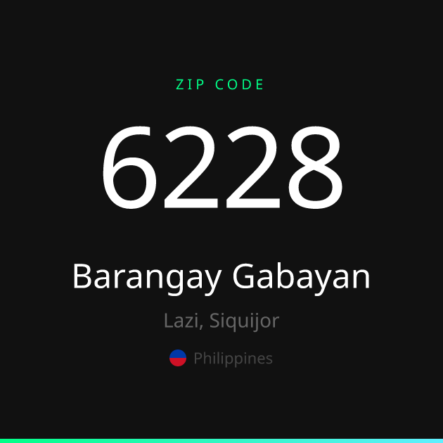 Shareable ZIP code 6228 card for Barangay Gabayan, dark theme