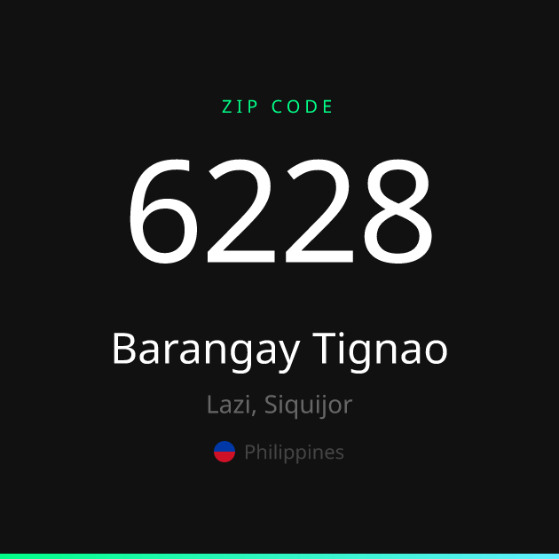 Shareable ZIP code 6228 card for Barangay Tignao, dark theme