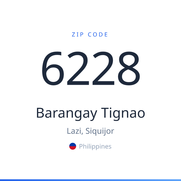 Shareable ZIP code 6228 card for Barangay Tignao, light theme