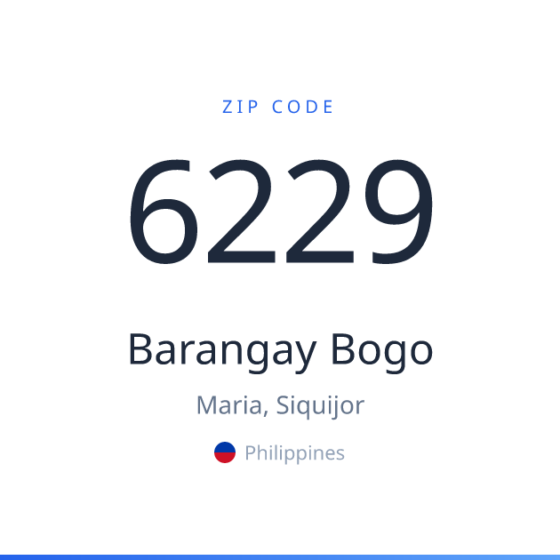 Shareable ZIP code 6229 card for Barangay Bogo, light theme
