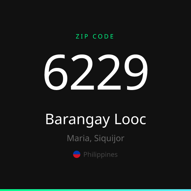 Shareable ZIP code 6229 card for Barangay Looc, dark theme