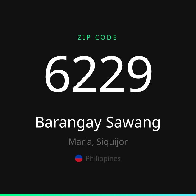 Shareable ZIP code 6229 card for Barangay Sawang, dark theme