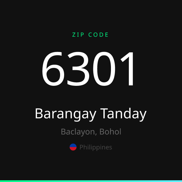 Shareable ZIP code 6301 card for Barangay Tanday, dark theme